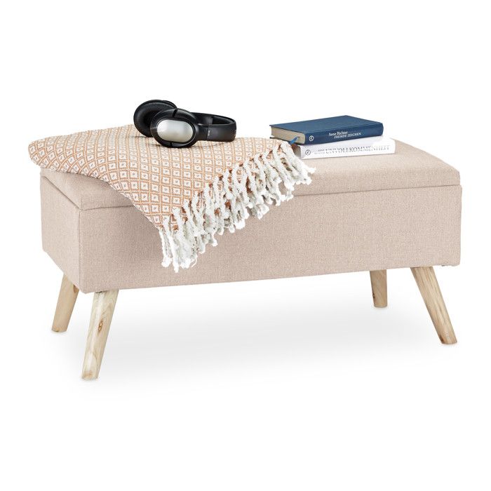 Relaxdays Banc de rangement rembourré pieds en bois coffre avec revêtement en tissu 39 5 x 79 5 x 39 cm beige
