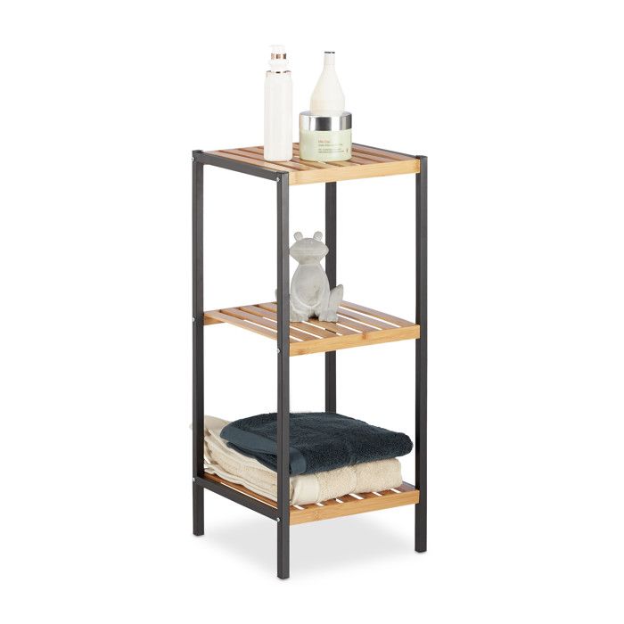 Relaxdays Étagère en Bambou Universel Sur Pieds Plusieurs Étages Cadre en Métal Carrée SDB 3 Niveaux nature