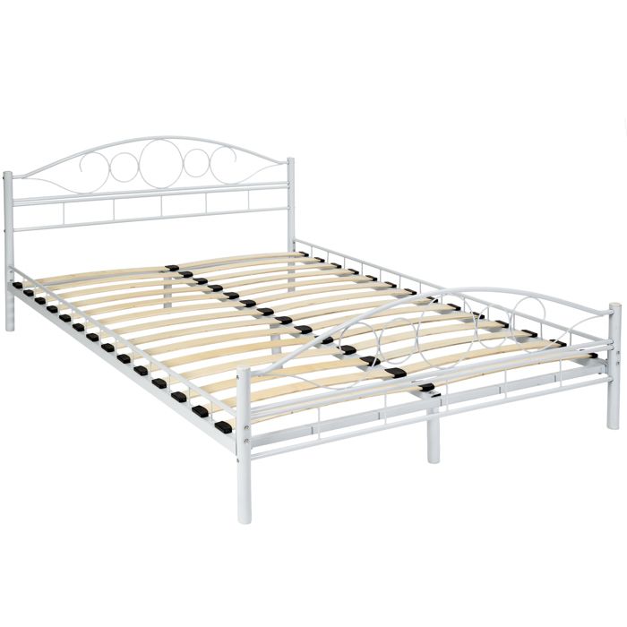 tectake lit design moderne avec sommier sonno avec cadre en acier solide de style romantique - blanc/blanc