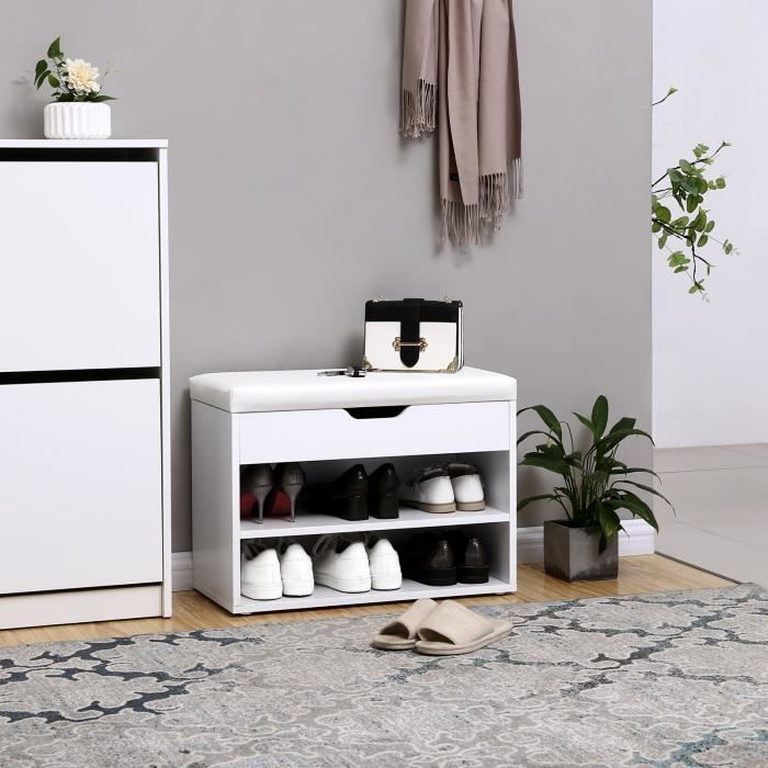 vasagle meuble à chaussures - avec coussin rembourré repliable - 2 étagères - 60 x 30 x 44 cm - moderne - blanc lhs20wt
