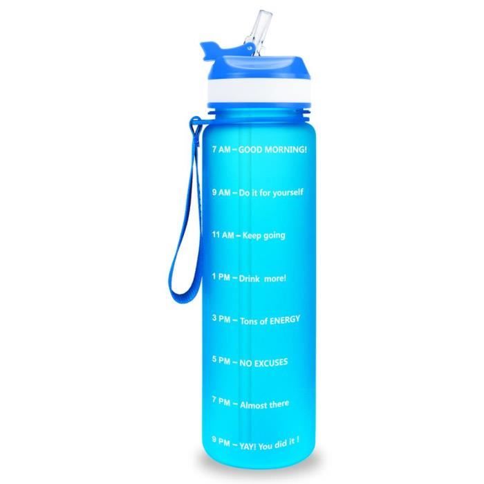 Bouteille D'eau Sport Tritan 1L/32oz – Sans BPA, Couvercle Flip-top Avec Paille, Marquage Temps, Sangle – Pour Gym, école, Randonnée