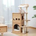Arbre a chat en bois arbre à chat design moderne, poteau à griffer, grand plateforme, grand niche nid 120cm beige-1