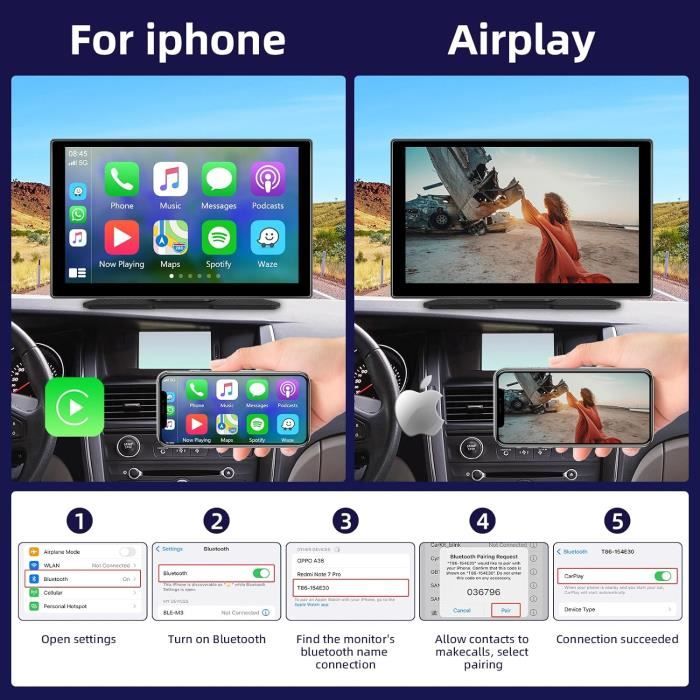 Rimoody Draadloze Apple Carplay Android Auto Autoradio Draagbare met 64G TF Kaart, 7 inch Touchscreen Autoradio met Apple Airplay/Android Cast/Bluetooth /FM zender/Google/GPS/Siri/AUX/USB/TF 7V-32V