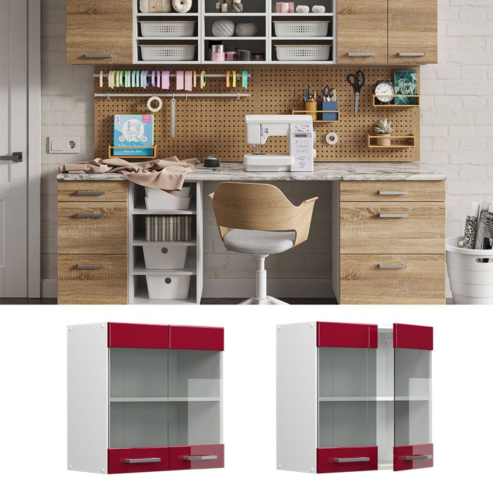 Vicco Armoire Suspendue R-Line 60 Cm Rouge Bordeaux Haute Brillance - Meuble De Rangement Mural Avec Portes