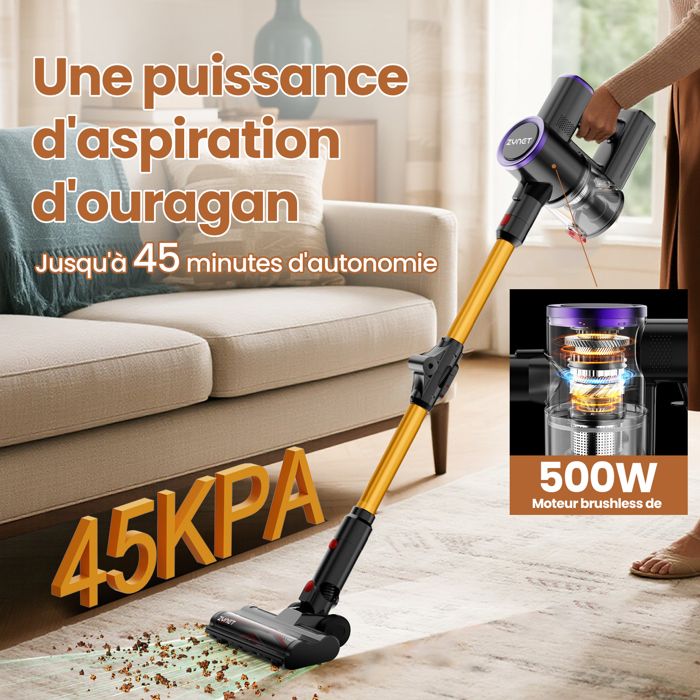 Verslife Z8 Aspirateur Balai Sans Fil 40Kpa 500W – 45 Min D'Autonomie, LED Verte Anti-Poussière, 6 En 1, Léger Et Autoportant (Gris)