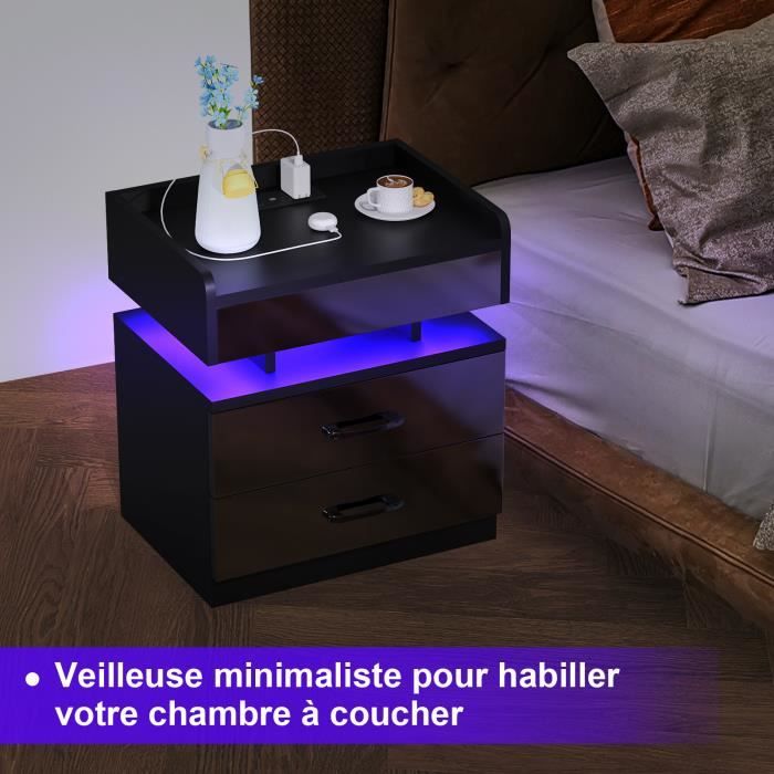 Table De Chevet Moderne Avec LED RGB Et Multiprise – 3 Tiroirs + 1 Compartiment Ouvert, Plateau Verre – Blanc/noir, Rangement Optimal Chambre/salon