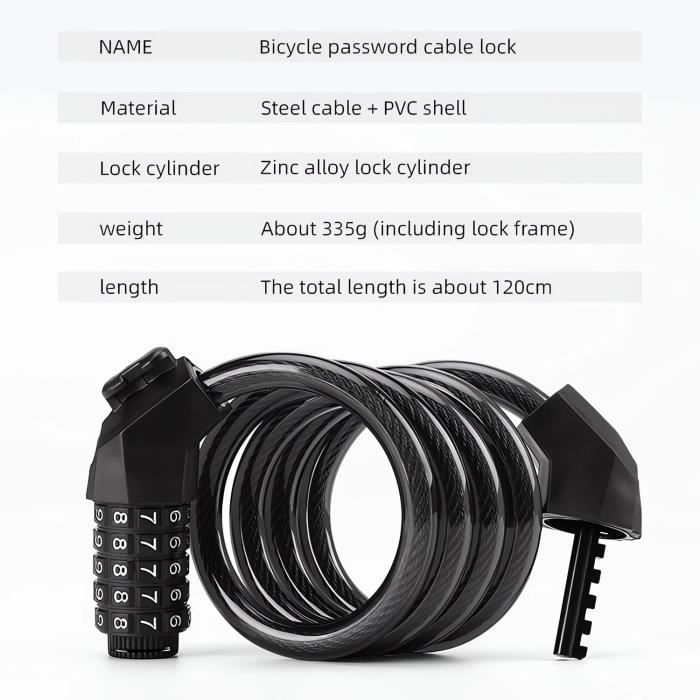 Antivol à Code Pour Vélo Et Trottinette Électrique – Câble Acier Tressé 4 Chiffres, Auto-enroulable, Transport Facile