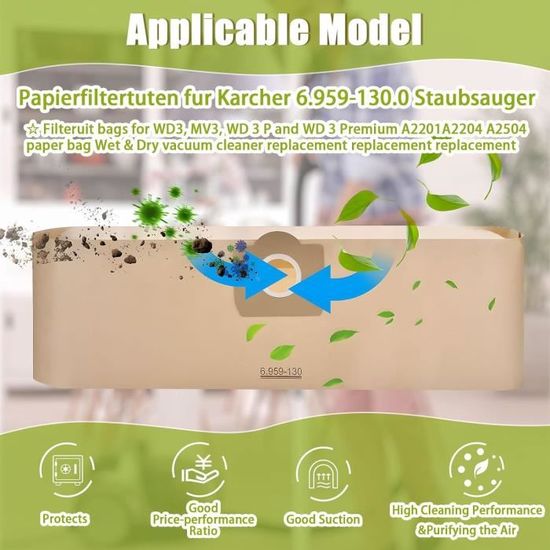 15 Pack Sacs d'aspirateur pour Karcher 6.959-130.0 Wd3 Wd3 Wd3p