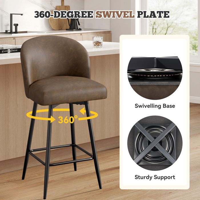 Nalupatio Lot de 2 tabourets de bar modernes réglables en similicuir rembourrés, pivotants, à hauteur de comptoir avec dossier pour îlot de cuisine, rouille