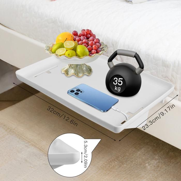 Tablette De Lit à Suspendre - 32x23.3x5.3 Cm - Blanc - Avec Encoche Pour Câble De Charge - Pour Lit/canapé