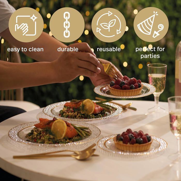 40 Assiettes En Plastique Transparent Doré AKOLAF - Réutilisables, élégantes Et Parfaites Pour Les Fêtes