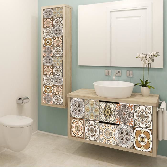 CHGCRAFT 36 Autocollants Carrelage 10x10 Cm – Motifs Mandala Vert Et Jaune – Stickers Muraux Imperméables Cuisine, Salle De Bain, Bureau