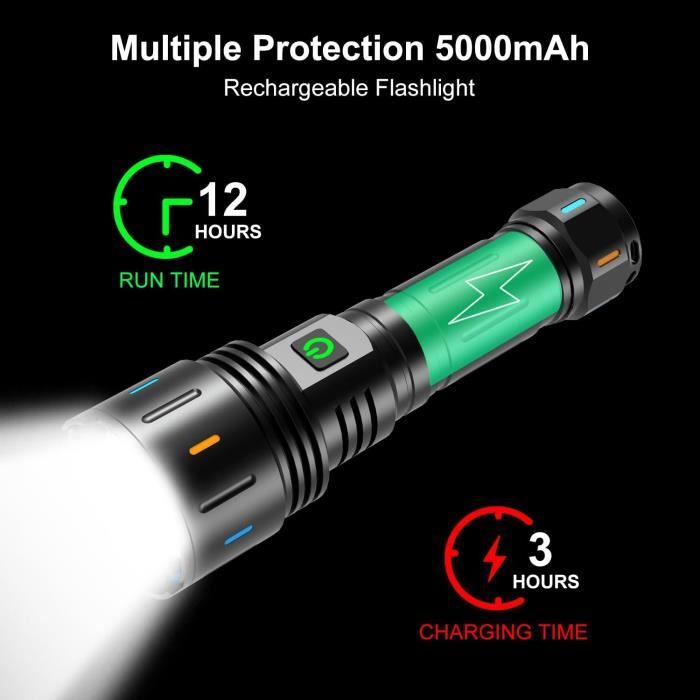 Lampe Torche Led Ultra Puissante Rechargeable Lampe De Poche ,Grande Super Brillante Haute 6000 Lumen Longue Portée,pour Ménage Camping Urgence | Leroy Merlin