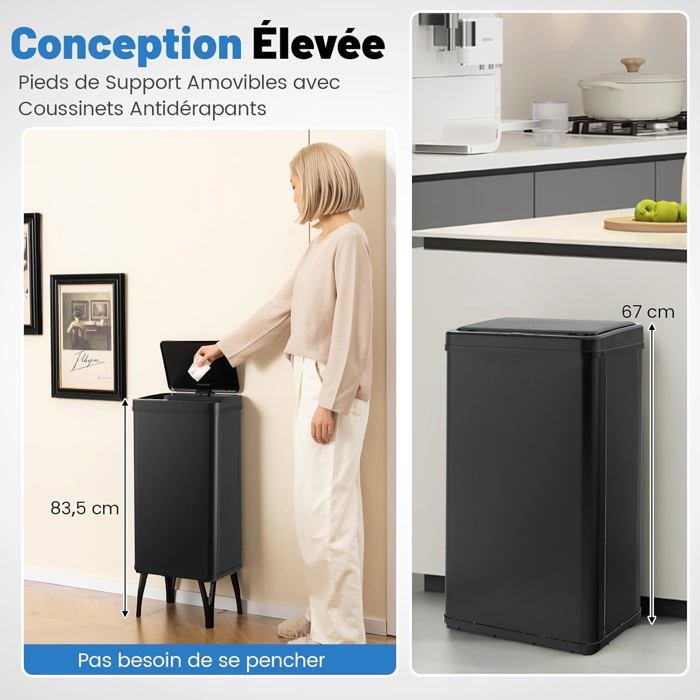 Poubelle De Cuisine Automatique 56L Avec Capteur - Tri Sélectif 3 Compartiments, Acier Inoxydable