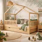 KONTARBOOR Lit cabane pour Enfant en Bois Naturel 90x190 cm avec 2 tiroirs/sommier sans matelas.