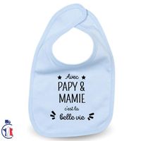 Bavoir "Avec papy et mamie c'est la belle vie" phrase humour idée cadeau naissance baby shower annoncer naissance Bleu