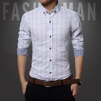 Fashion Homme carreaux Chemise Manches Longues Coton Blouse affaires Chemises Casual Slim Shirt Blanc
