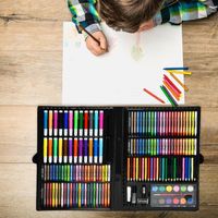 YUENFONG Kit de dessin 168x pour boîte de coloriage Crayons de cire Aquarelle Pastels Feutres Gommes Livre de coloriage Art Supplies