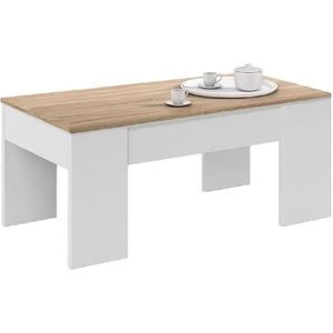 TABLE BASSE Table basse modulable - PEGANE - Blanc artik/ chêne canadien - L100 x P50 x H42 cm