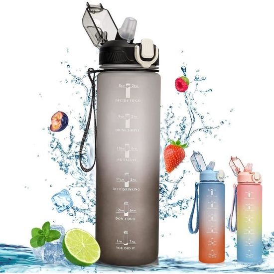 Gourde Sport Motivante Gaiayhc 1L - Marqueur De Temps, Paille, Sans BPA - Pour Fitness, Randonnée, Bureau