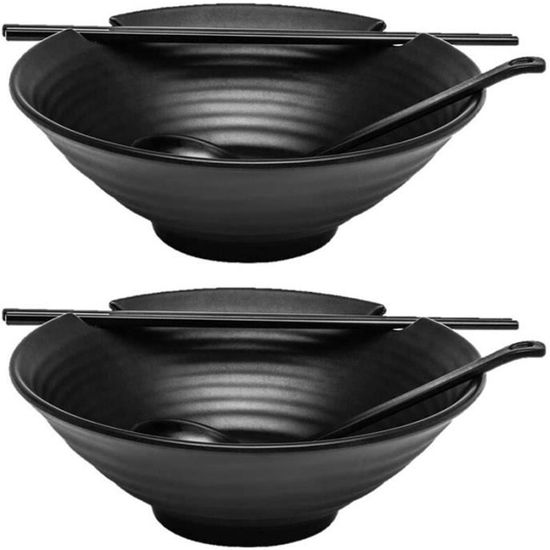 2 x Ramen bol ensemble (mélamine noire)， 6 pièces Style japonais soupe bols ensemble avec baguettes， louche cuillères ensemble e