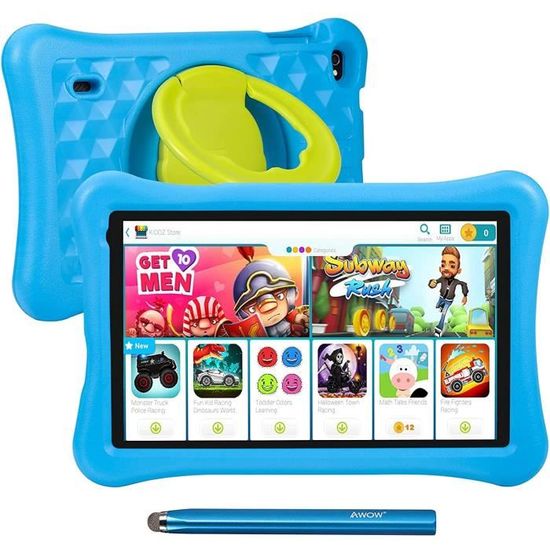 Tablette pour Enfants 10.1 Pouces AWOW Tablette Tactile Enfants, Android 10 Go Quad Core, ROM 32G, KIDOZ Préinstallé, avec étui