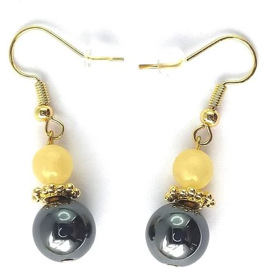 Boucles D'Oreilles Pendentif En Hématite Naturelle - Fermoir Plaqué Or Jaune - Fait Main Neuf