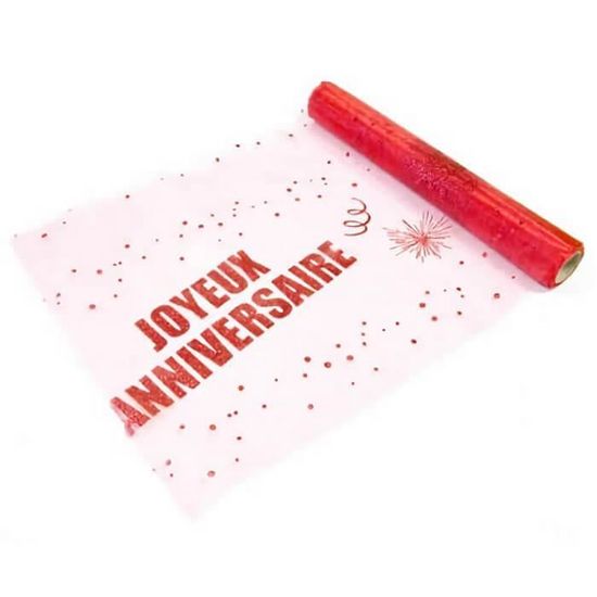 Chemin de table joyeux anniversaire pailleté rouge 29cm x 5m (x1) R/ORG642