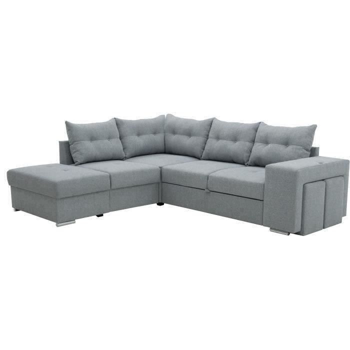 Corner sofa convertible reversible 7 places - Chest, 2 poufs, usb - Gray fabric - 254 x 212 cm - MITCHELL