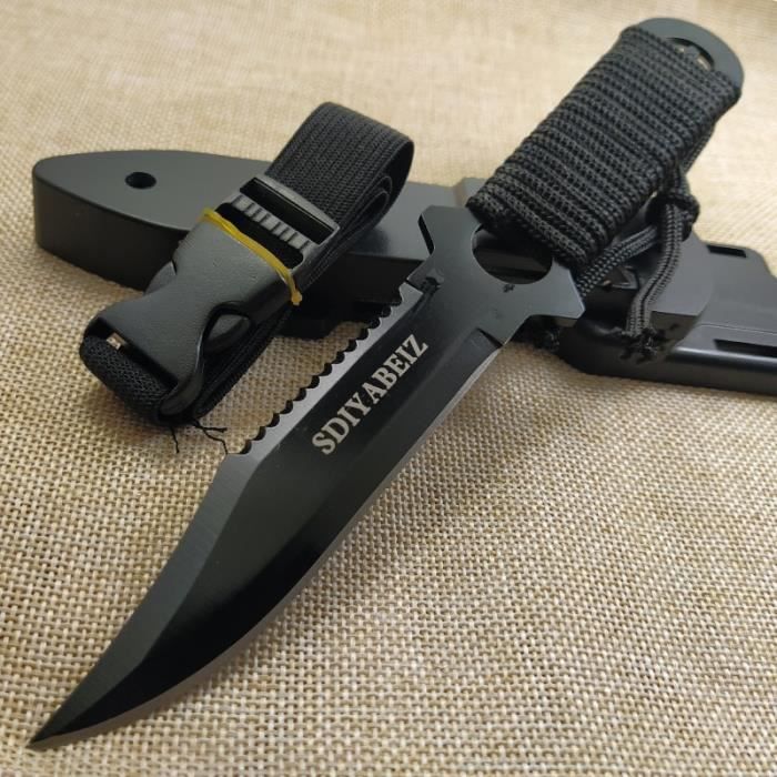Couteau de Plongée à Lame Fixe avec Gaine Noir - Couteau Tactique de Survie