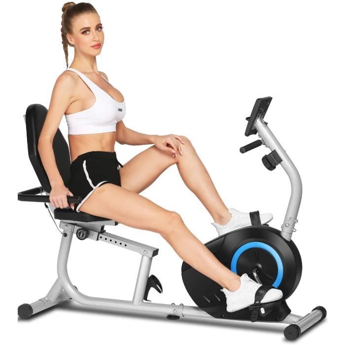 ANCHEER Vélo d'Appartement Couché Résistance Magnétique à 8 Niveaux, Vélo d'Intérieur avec Écran LCD/Support de Tablette/Capteurs de