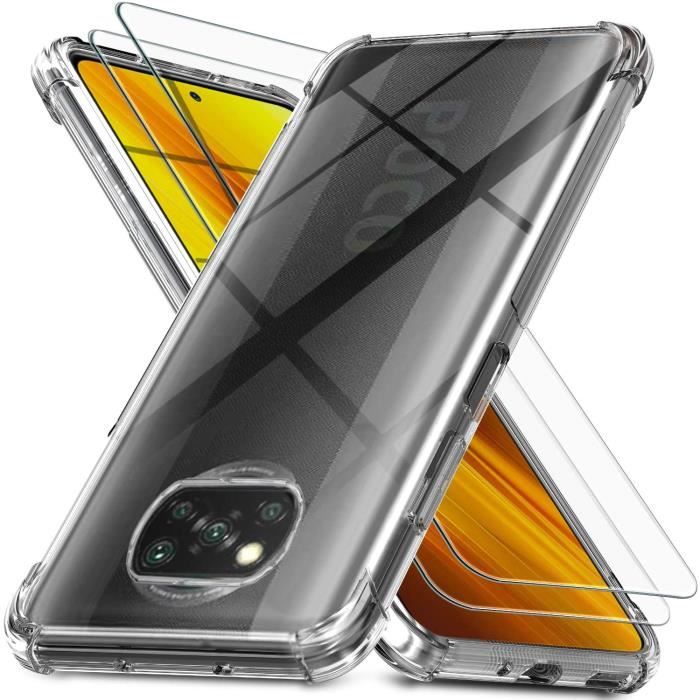 Coque Xiaomi Poco X3 NFC Étui Transparente en Silicone à Coussin d'air Ultra-mince Housse + 2 Morceaux de Verre Trempé Film