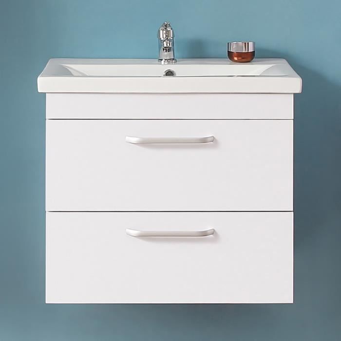 AICA Meuble sous vasque, meuble sous vasque à suspendre avec vasque en résine et poudre de pierre, 2 tiroirs, Blanc 60cm