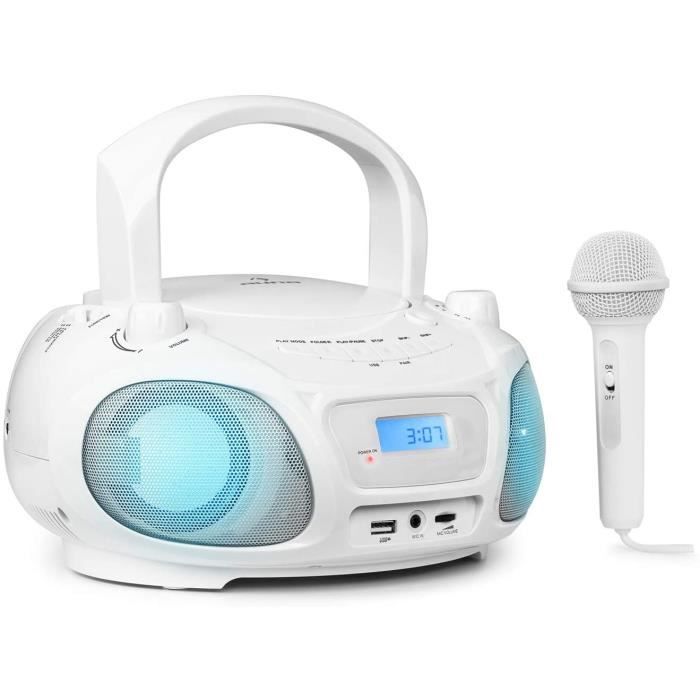 Roadie Sing Radio CD Chaîne Stéréo Boombox Lecteur CD Port USB MP3 Radio FM Bluetooth 3.0 -Long Blanc