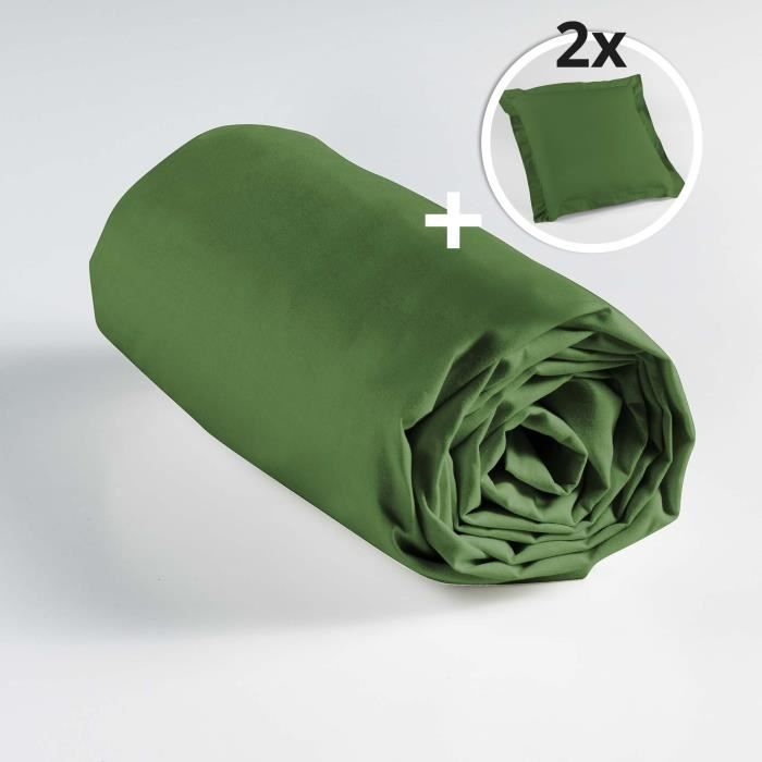 Ensemble drap housse 180 x 200 cm + 2 taies d'oreiller 63 x 63 100% coton Vert sapin