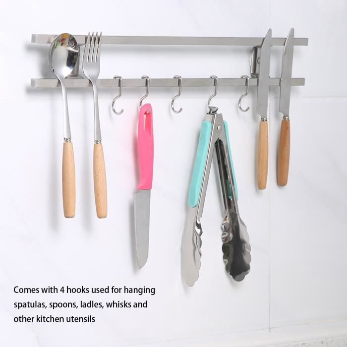 Porte-couteau magnétique mural en acier inoxydable Support de rangement d'ustensiles de cuisine à double barre 40 cm