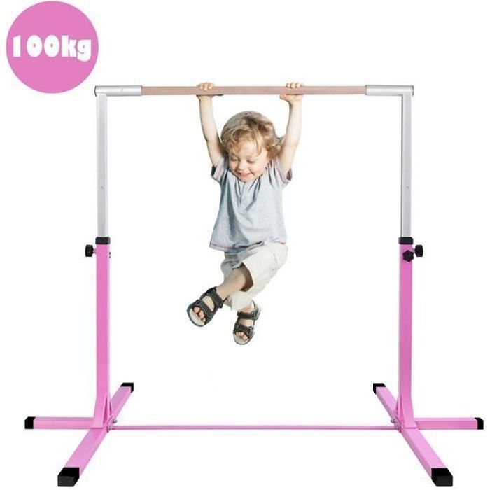 GIANTEX Barre de Gymnastique Enfant,Hauteur Réglable 12 Niveaux 91-150cm,Barre Fixe d’Entraînement en Acier Rose Bois Massif Hêtre