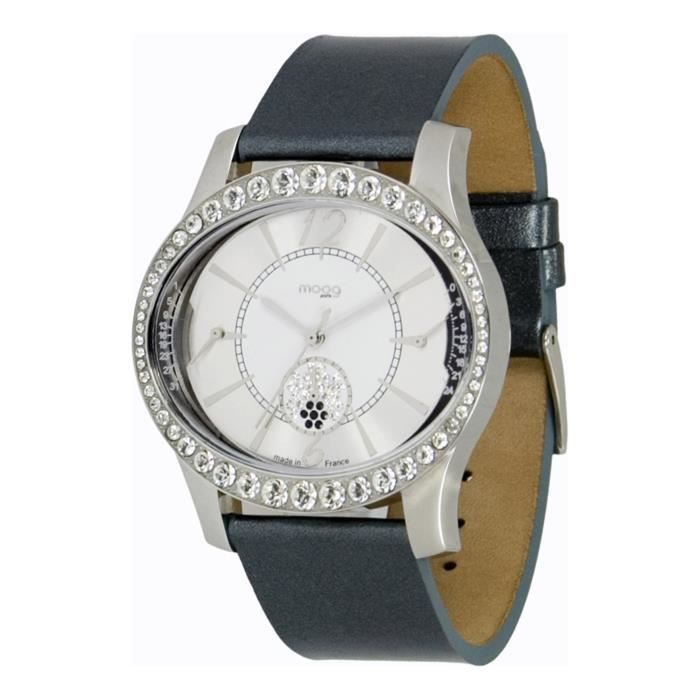 Montre Femme Moog Paris Anti Gravity avec Cadran Argenté, Eléments Swarovski, Bracelet Gris Foncé en Cuir Véritable - M44862-003