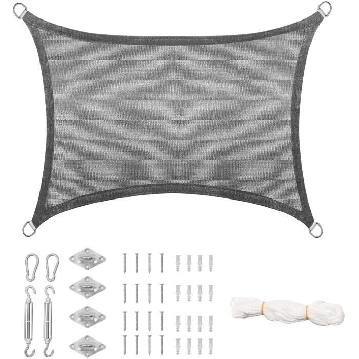 WOLTU Voile d’ombrage rectangulaire en HDPE, Protection Solaire perméable à l'air Protection UV avec kit de Fixation，3 x 5 m，Gris
