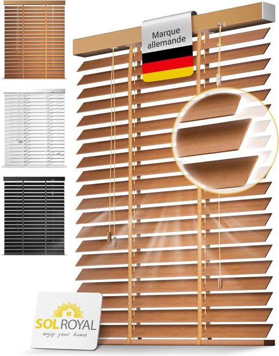 Sol Royal BE5 – Store Vénitien en Bois Chêne 105x180 cm – Brise-Vue Fenêtre 50 mm Lamelles Extra Larges – Montage Facile Mur