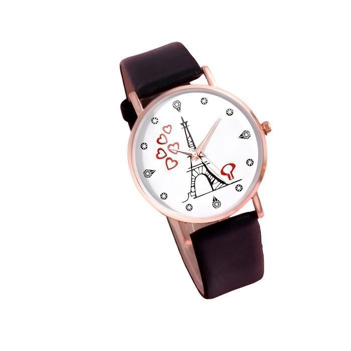 Montre - Femme - Cadran Rond - Bracelet - Cuir - Noir - Acier Doré Rose - Motif - Tour Eiffel - 25 cm Montre - Femme - Cadran Rond - Bracelet - Cuir - Noir - Acier Doré Rose - Motif - Tour Eiffel - 25 cm