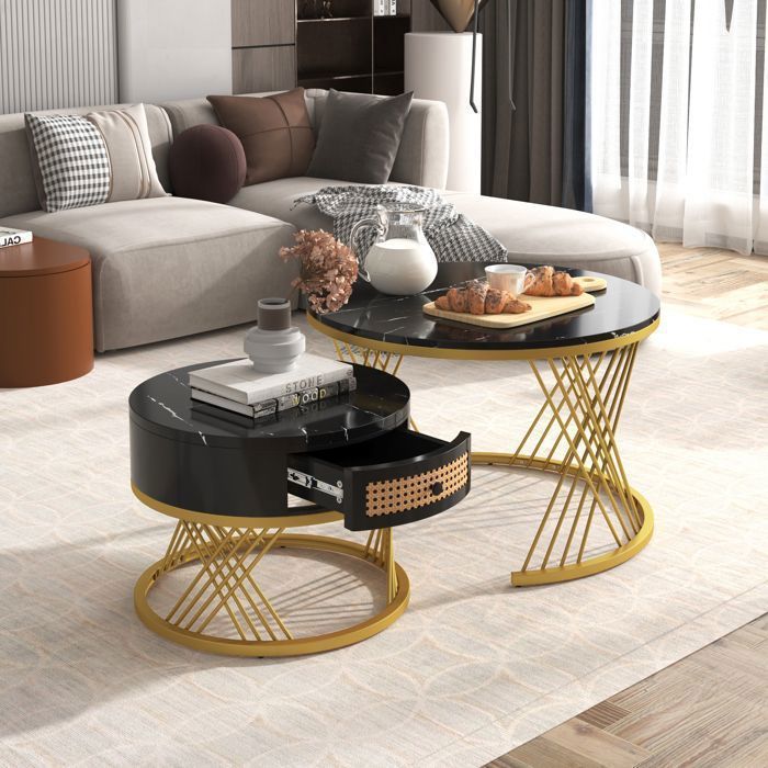Merax 2 Pièces Table Basse Moderne Ronde avec Plateau Marmoré et Rangement Pieds Métalliques Dorés Table dAppoint Élégante