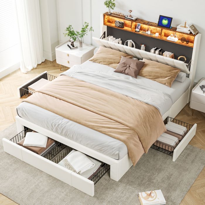 Cadre De Lit 160x200 LONELYO Lit 160x200 Avec Sommier LED Et USB, Rangement Et Tiroirs U2013 Lit Coffre Moderne En Lin Beige Pour Adolescents Lit Coffre 160x200