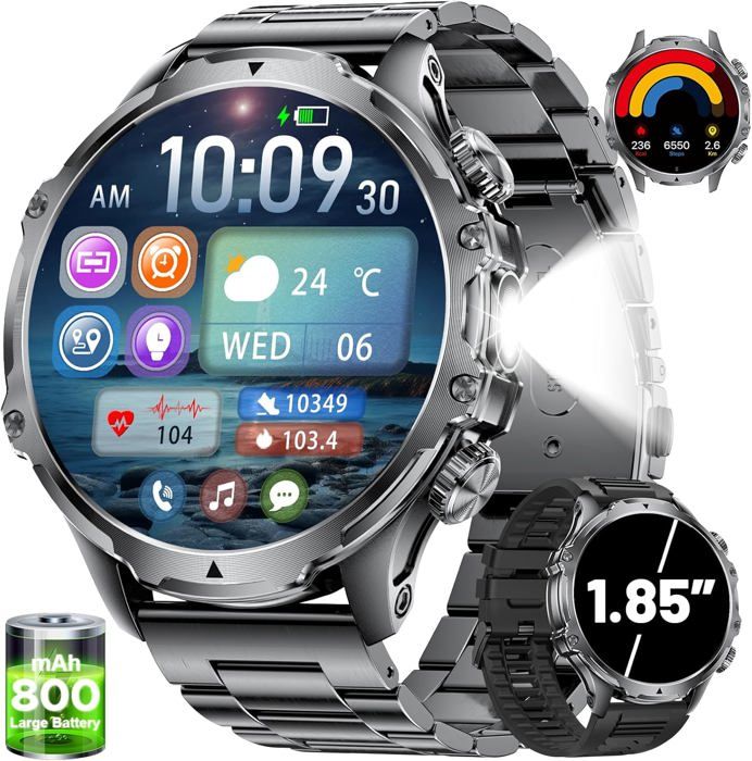 Montre Connectée Homme Militaire Avec 800Mah Batterie Lampe De Poche 1 85 Grande Écran 107 Modes Sportifs Étanche Ip68 Fréq