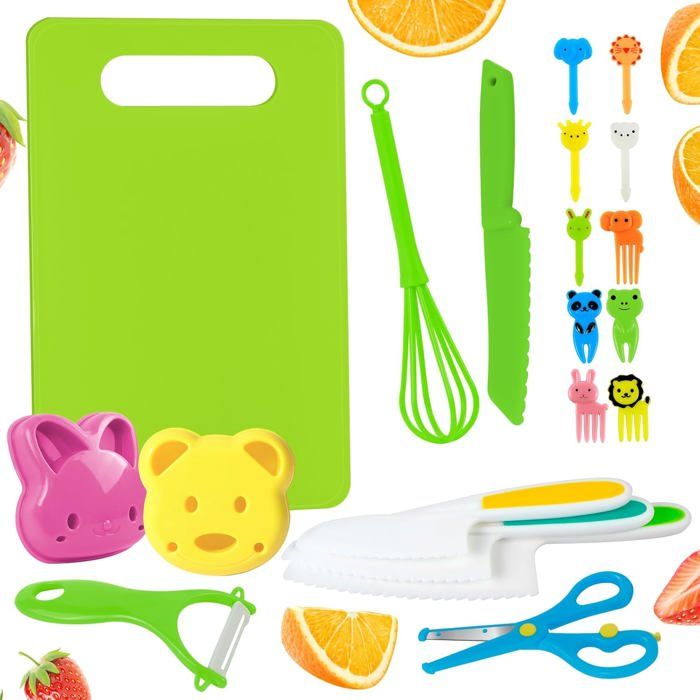 Xyuayamz Kit Cuisine Enfant 20 Pièces – Couteaux Montessori Sécurité, Éplucheur Y, Planche, Fourchettes Animaux, Ustensiles Bébé Dès 2 Ans Pour Découper Fruits & Légumes