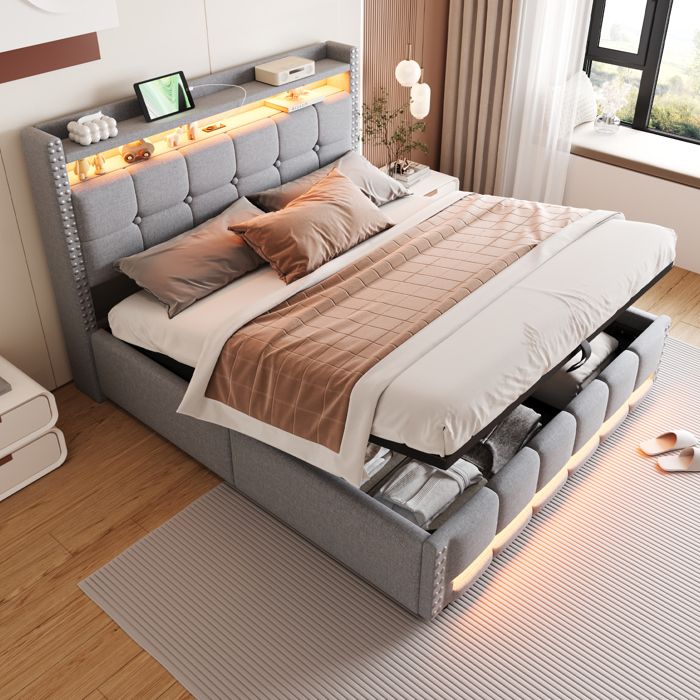 Lit Coffre Double 160x200 Cm Avec LED Et Charge USB - Tête De Lit Rangement, Sommier à Lattes - Pour Adultes Et Ados