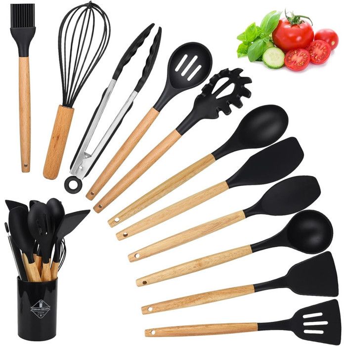 Spatule Silicone Acier Inox Aoresac Set 12 Ustensiles Cuisine Silicone Antiadhésif – Poignées Inox, Ultra Résistants Et Faciles à Nettoyer