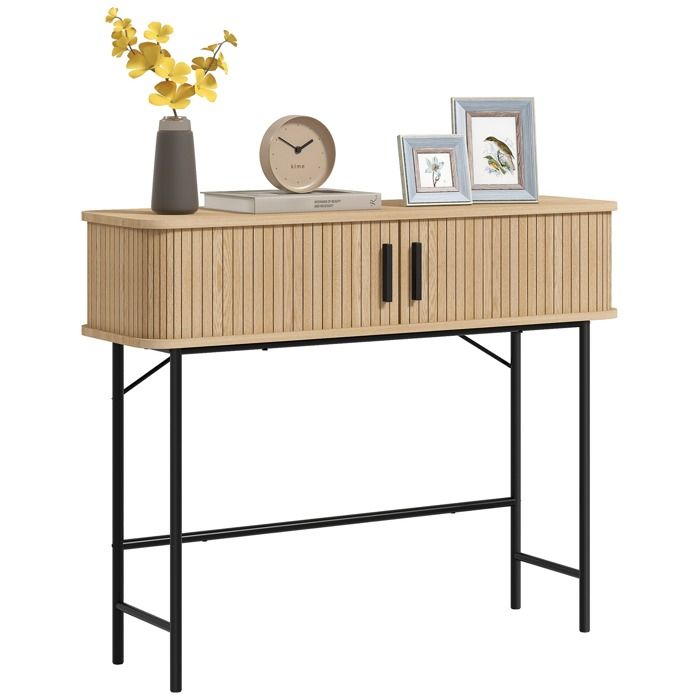 Console meuble - HOMCOM - portes coulissantes à lattes et pieds en acier - bois dingénierie et acier - 100x30x80cm - chêne et noir Console meuble - HOMCOM - portes coulissantes à lattes et pieds en acier - bois dingénierie et acier - 100x30x80cm - chêne et noir