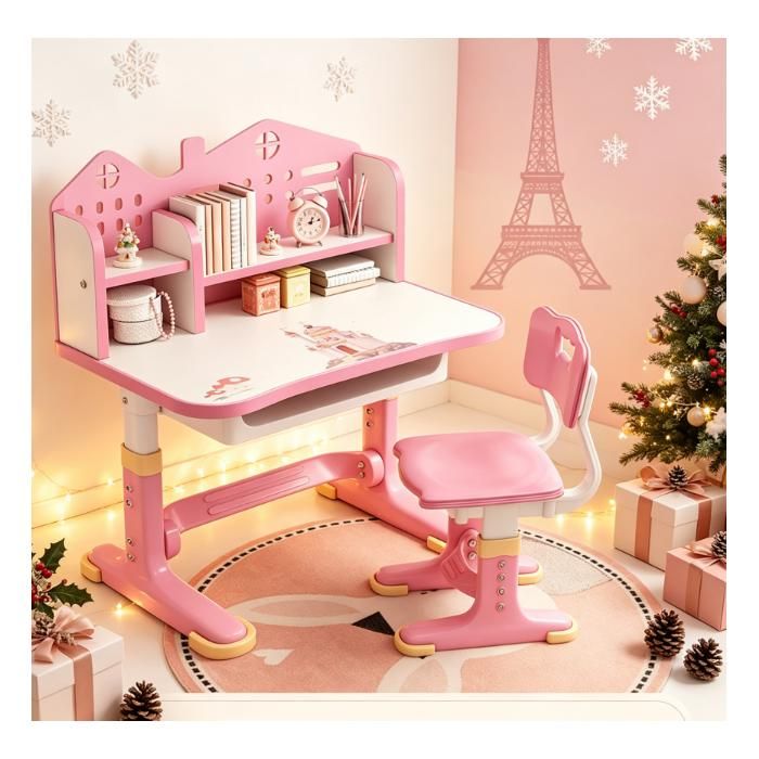 Bureau et Chaise Enfant - Réglable Hauteur - Plateau Élargi - Support à Livres -Tiroir de Rangement -105x75x 62cm - Rose