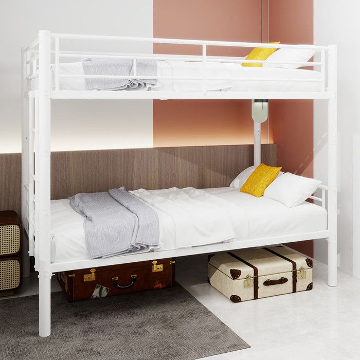Lit Superposé Enfant 90 x 200 cm Lit 2 Personnes Structure Métallique avec Échelles et Garde-Corps Convertible en 2 Lits Blanc